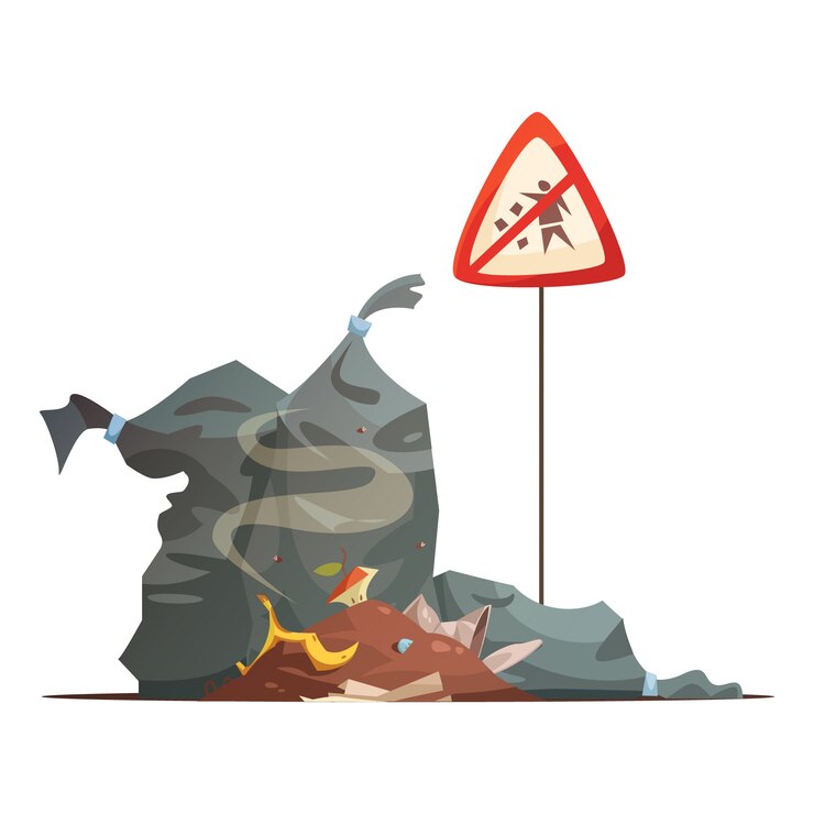 무료 Vector 도시 거리 쓰레기 만화 포스터 벡터 일러스트 레이 션을 방지하기 위해 부적절한 쓰레기 및 폐기물 처리의 경고 표시