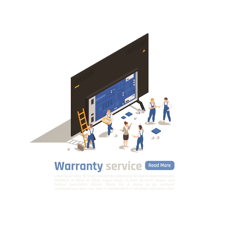 Free Vector warranty service isometric landing page with big icon of gadget stripped for parts and small figurines of technical specialists