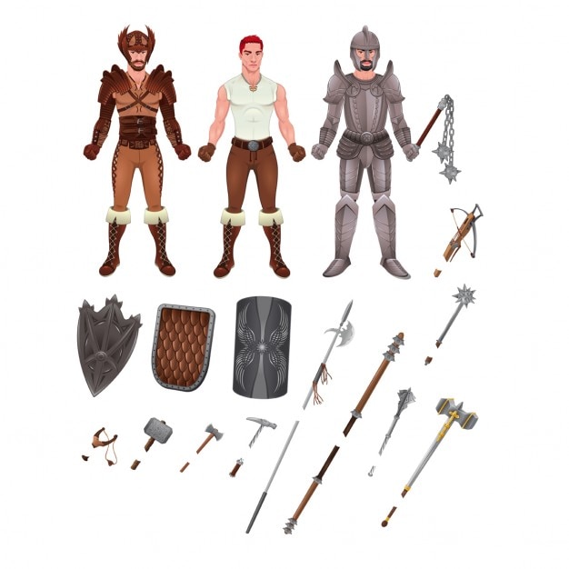 Средневековый аватар с латы и оружие изолированных объектов вектор иллюстратор