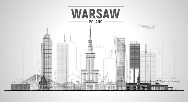 Vettore gratuito orizzonte della linea di varsavia polonia con panorama su sfondo bianco illustrazione vettoriale viaggi d'affari e concetto di turismo con edifici moderni immagine per il sito web banner di presentazione