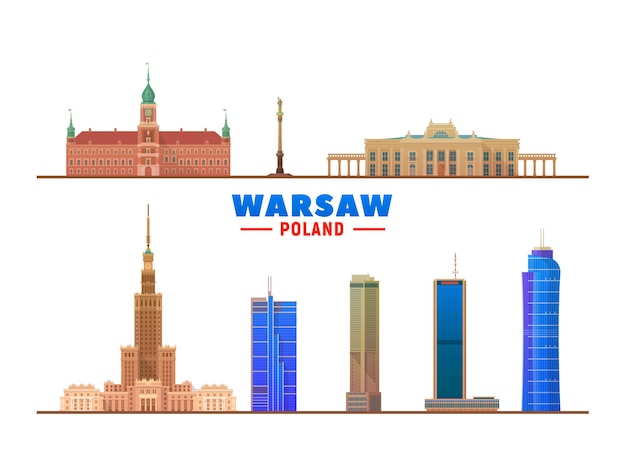 白い背景のワルシャワポーランドの主要なランドマークベクトル図近代的な建物とビジネス旅行と観光のコンセプトバナーやウェブサイトの画像