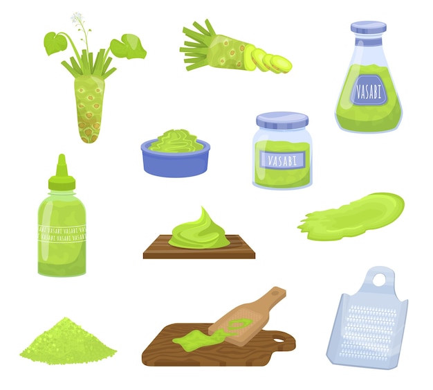 Wasabi sauce flat set of isolated icons with images of carving board cutlery bottles and powder vector illustration