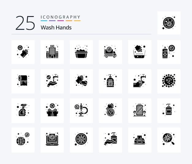 Бесплатное векторное изображение Пакет значков wash hands 25 solid glyph, включающий передачу вируса гигиены для мытья рук, корону