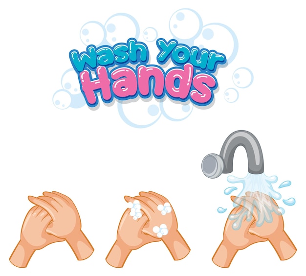 Vettore gratuito lavati le mani con il design dei caratteri con la diffusione del virus dallo stringere la mano su sfondo bianco