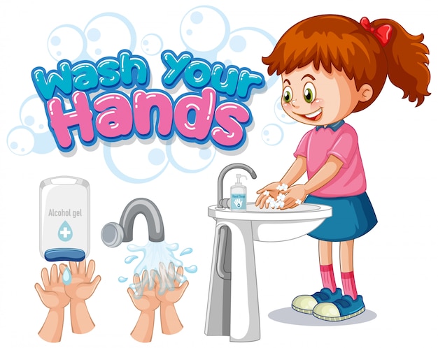 Free vector wash your hands poster design with girl washing hands