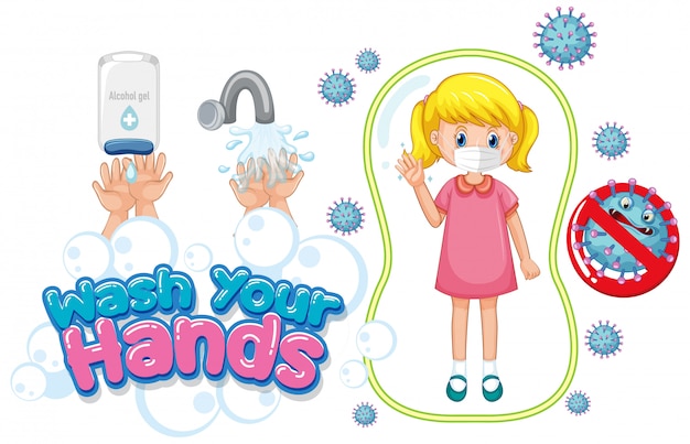 Free vector wash your hands poster design with girl wearing mask