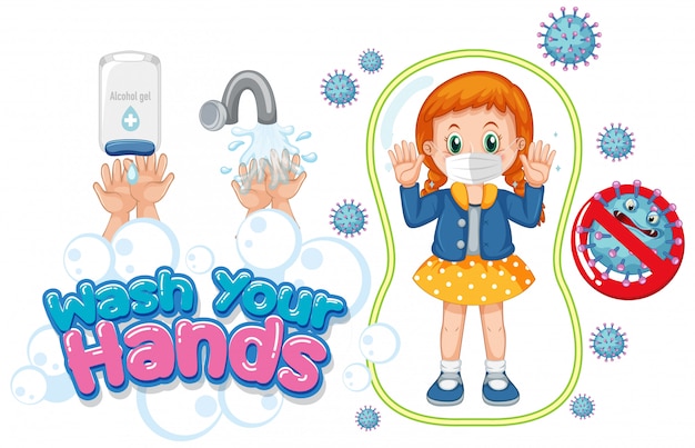 Free vector wash your hands poster design with girl wearing mask