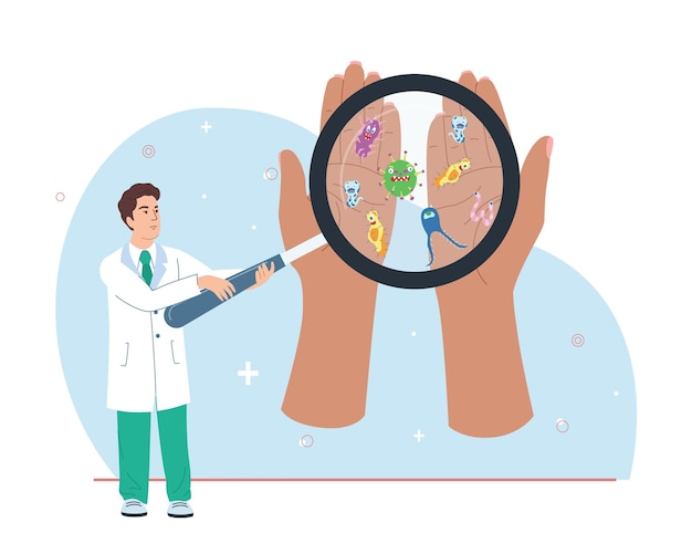 Free vector washing hands flat composition with doctor holding magnifying glass at dirty human hands with bacterium and microbes vector illustration