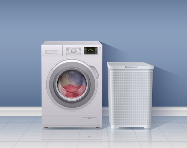 washing machine realistic background with laundry equipment symbols  illustration