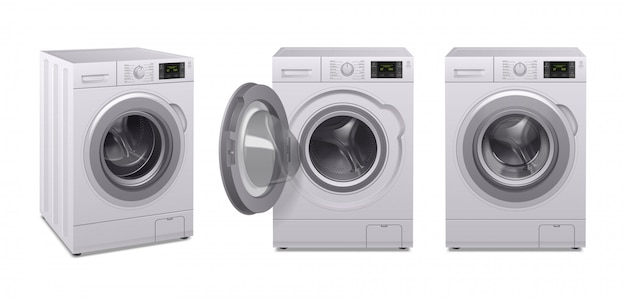 洗濯機の現実的なアイコンは、異なる位置にある家電製品の3つの製品を設定
