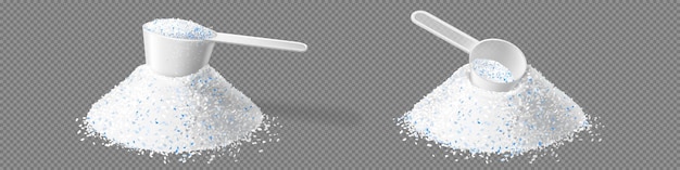 Free vector washing powder piles with measuring scoop isolated on transparent background. vector realistic set of white detergent heaps with blue particles. granulated soap for laundry with measure cups