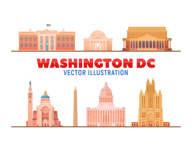 Vettore gratuito monumenti e monumenti della città di washington dc usa isolati su sfondo bianco concetto di viaggi d'affari e turismo con edifici moderni immagine per banner o sito web