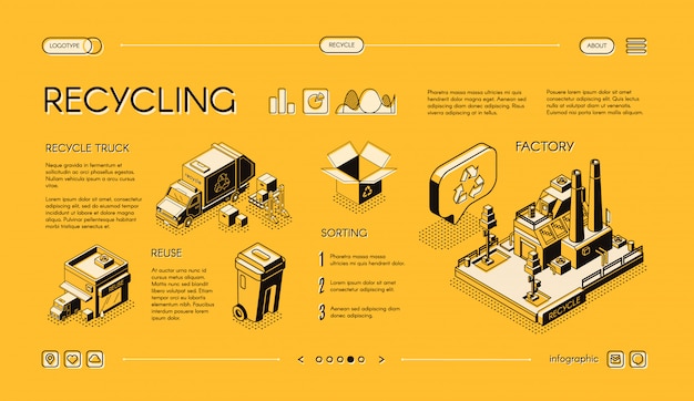Waste recycling isometric vector web banner, presentation infographics slide.