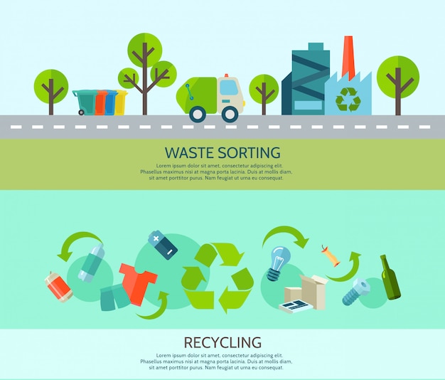 Free vector waste sorting and recycling horizontal banners set with materials and factory flat