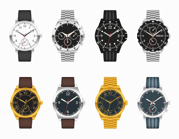 Free vector watch set. expensive classic clock with leather and metal straps illustration