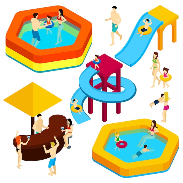 Free vector water amusement park visitors isometric banner