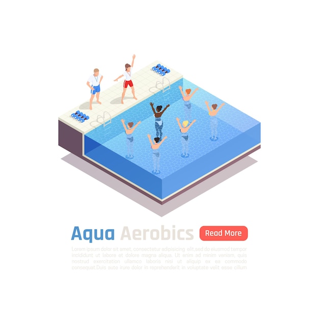 Water aqua aerobics group fitness lesson isometric composition illustration