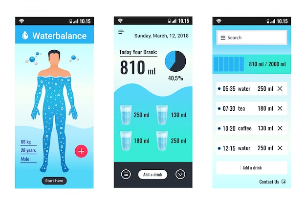 Free vector water balance mobile app set flat isolated vector illustration