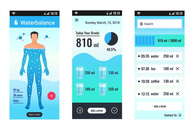 Water balance mobile app set flat isolated vector illustration