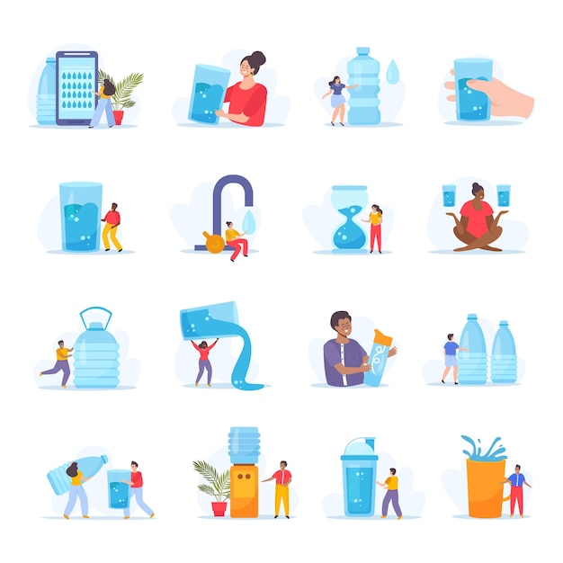 Бесплатное векторное изображение Водный баланс набор плоских изолированных иконок с человеческими персонажами, кулеры для воды, диспенсеры для бутылок и очки, векторная иллюстрация