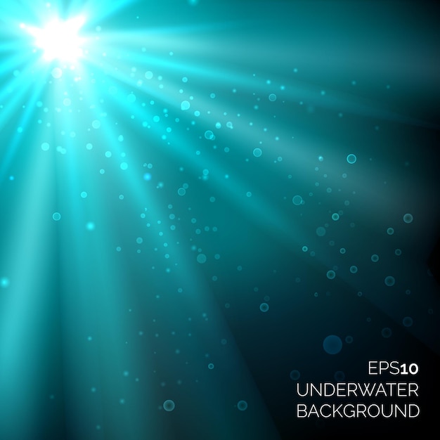 Под водой синий фон глубокого океана с пузырьками. Солнечные лучи в морской воде