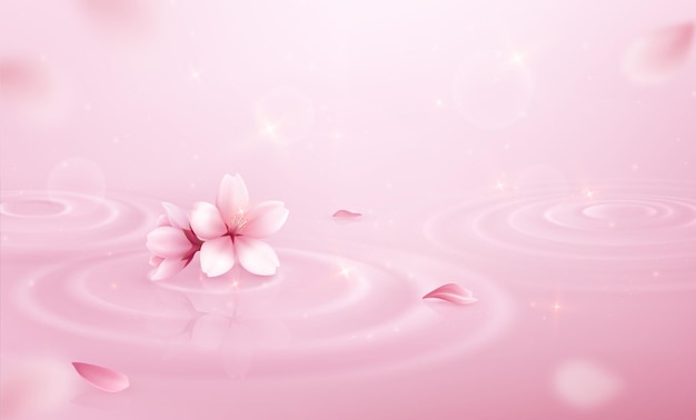 Water circles petals background realistic pink composition with shine and sakura flowers