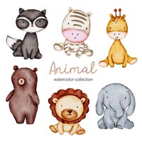 免费矢量水彩色卡通动物组贴纸和emoji化身的热带和森林字符孤立在白色背景。raccon可爱的动物,大象,狮子,熊,斑马,长颈鹿字符