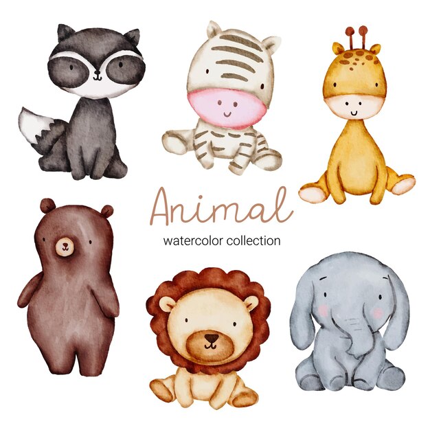 Water color cartoon animal set for stickers and emoji avatars of tropical and forest characters isolated on white background. Cute animals Raccon, elephant, lion, bear, zebra, giraffe character