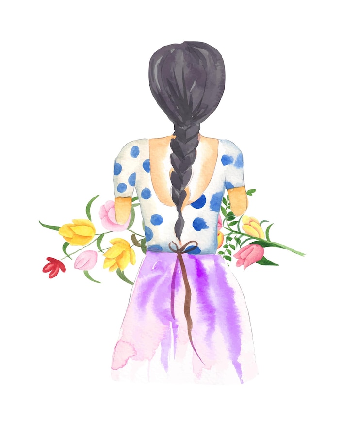 무료 Vector 아름 다운 소녀와 수채화 꽃