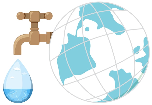Vettore gratuito goccia d'acqua dal rubinetto con l'icona del globo terrestre