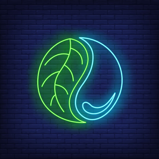 Free vector water drop and leaf yin yang neon sign.