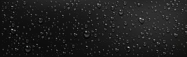 黒の背景に水滴。濡れた黒い表面、露や雨からの透明な水滴のシャワーや霧の蒸気の凝縮のベクトル現実的なイラスト