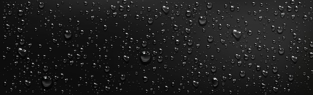 Water droplets on black background. Vector realistic illustration of condensation of steam in shower or fog on wet black surface, clear aqua drops from dew or rain