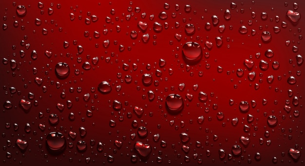 Water droplets on red background