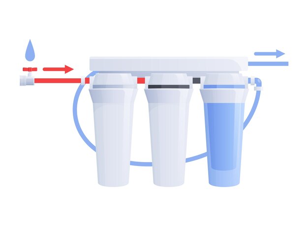 Free vector water filter flat composition with system of multiple filters with flexible tubes vector illustration