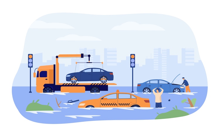 Free Vector water flood on city roads. drivers and tow truck saving damaged cars from heavy rain and storm. vector illustration for rainfall season, rain period, natural disaster concept