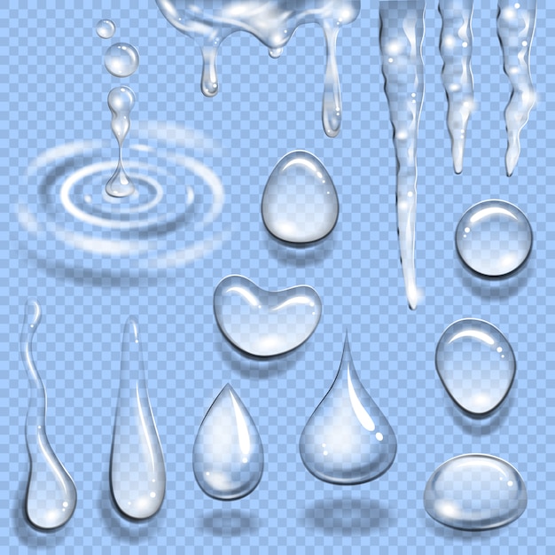 Water following and falling drop round and elongate shape color realistic icon set 