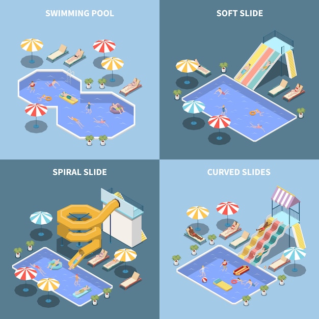 Free vector water park aquapark isometric 2x2 design concept with images of water attractions and aqua park areas