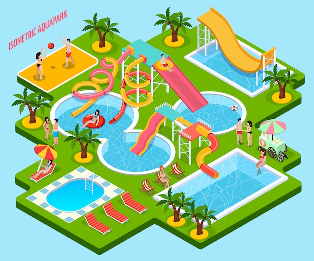 Бесплатное векторное изображение Аквапарк аквапарк изометрическая композиция