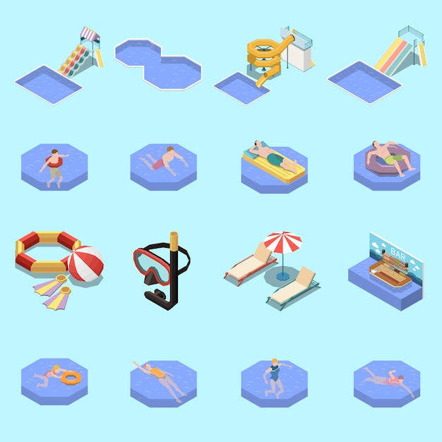 Free vector water park aquapark isometric set with sixteen isolated images of swimming people waterslides and sun loungers