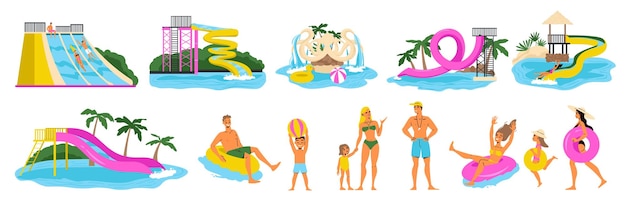 Free vector water park flat icons set with attractions and people having fun time isolated vector illustration