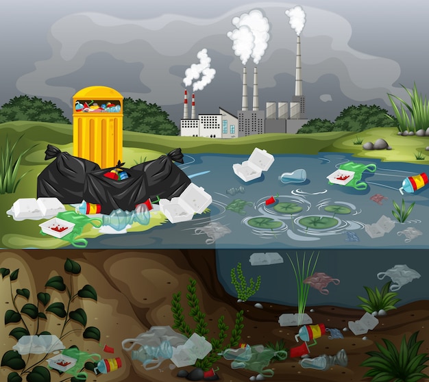 Бесплатное векторное изображение Загрязнение воды полиэтиленовыми пакетами в реке