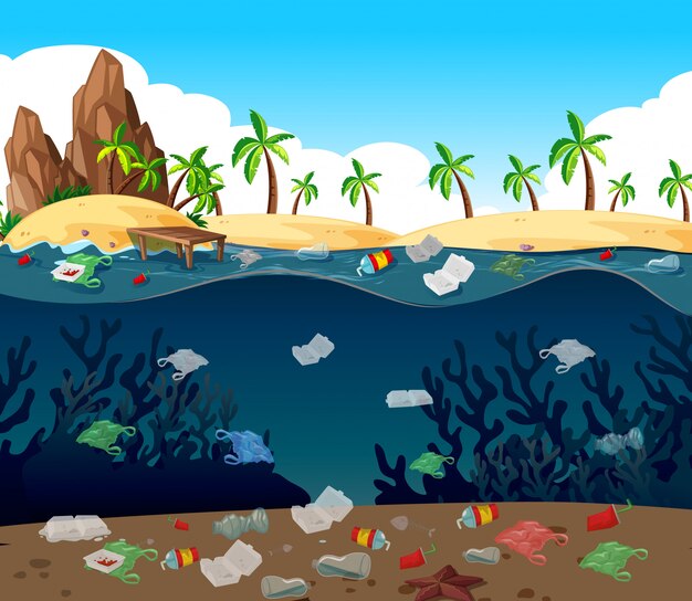 바다에서 비닐 봉투로 수질 오염