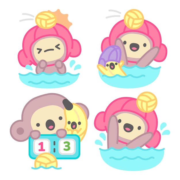 Water polo stickers collection with monkey and banana