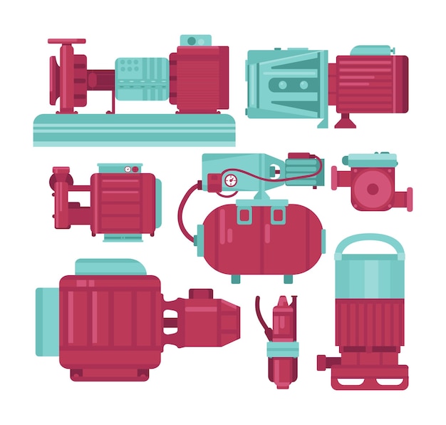 Pompe dell'acqua con set di illustrazioni vettoriali piatte per motori elettrici. apparecchiature di pompaggio elettroniche, serbatoio d'aria o compressore, energia idrica, motore industriale isolato su sfondo bianco. concetto di macchinario