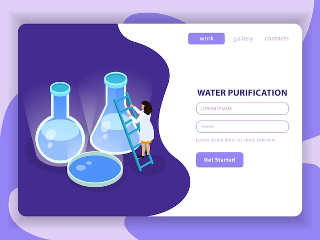 La composizione colorata isometrica di purificazione dell'acqua con il bottone di depurazione delle acque inizia e l'illustrazione del modulo di registrazione