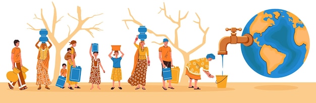 Free vector water scarcity flat concept composition with human characters of starving people pouring water from earth globe vector illustration