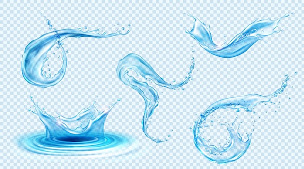 Spruzzi d'acqua, onde di liquido blu con turbinii e gocce. set realistico di acqua pura fluente e cadente, spruzzi di fluido isolato su sfondo trasparente