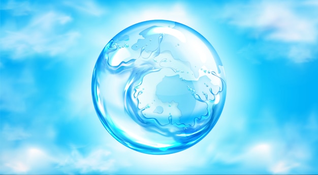 Water splashing sphere on blue sky