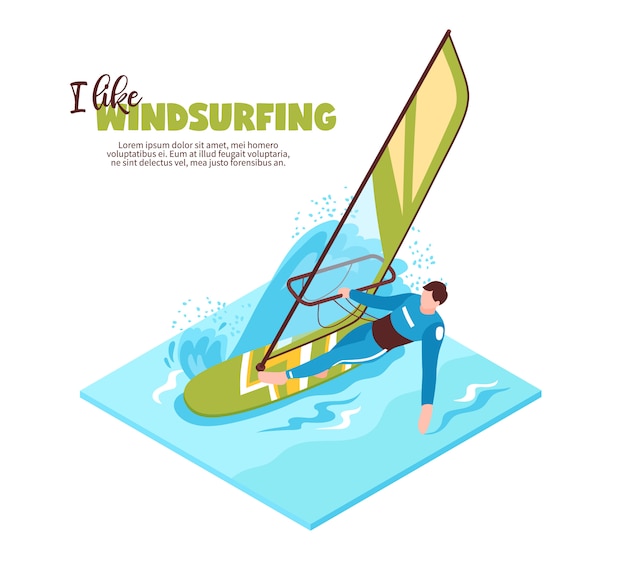 ウィンドサーフィンが好きな帆とテキストを搭載したウィンドサーファーとアイソメトリックなウォータースポーツ